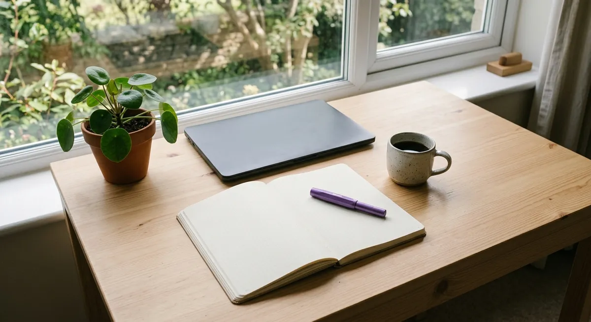 A bright, tidy desk with an open dot-grid notebook, a violet pen, and a mug in soft daylight