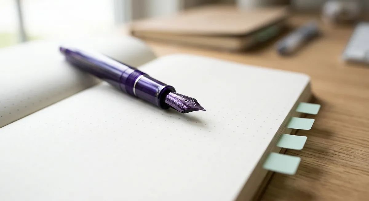 Close-up of a violet fountain pen resting on blank dot-grid notebook paper with mint page markers